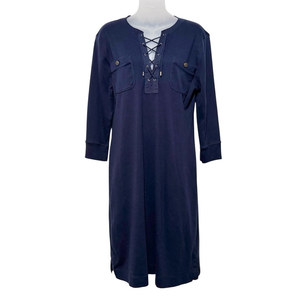 Lauren Jeans Co Ralph Lauren Navy Midi Stretch Dress w/ Lace-Up V Neck